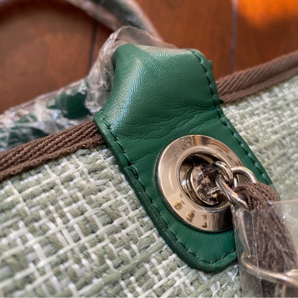 Green Brown Tweed Mixed Fiber Shopper Tote Bag w/ Chain Shoulder Strap C6 - Picture 14 of 16